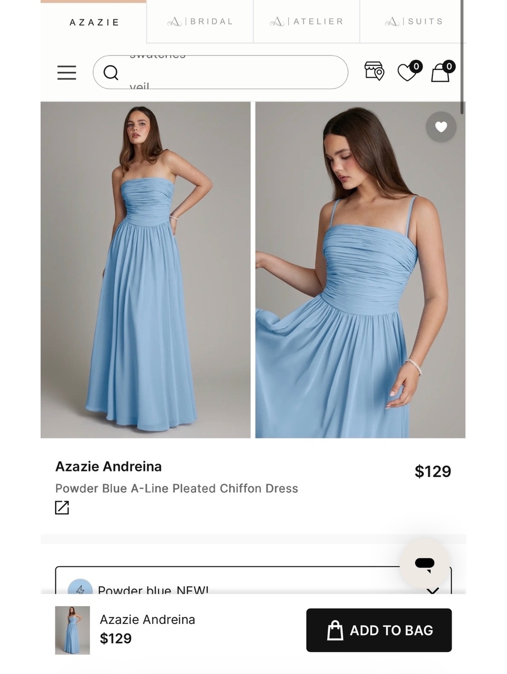 NWT Azazie Andreina Powder Blue A-Line Chiffon Bridesmaid Formal Dress Size A8